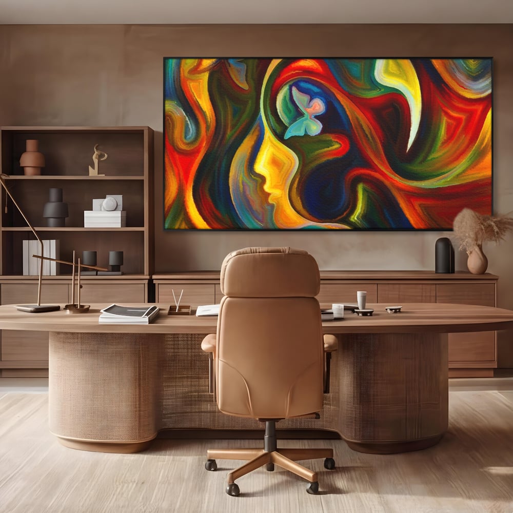 Tablou canvas cu pictura abstracta cu profil uman si fluturi, in rama de aluminiu negru, pe perete intr-un birou